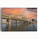Black and white panoramic Pittsburgh skyline on stretched canvas, suitable for kitchen wall art.