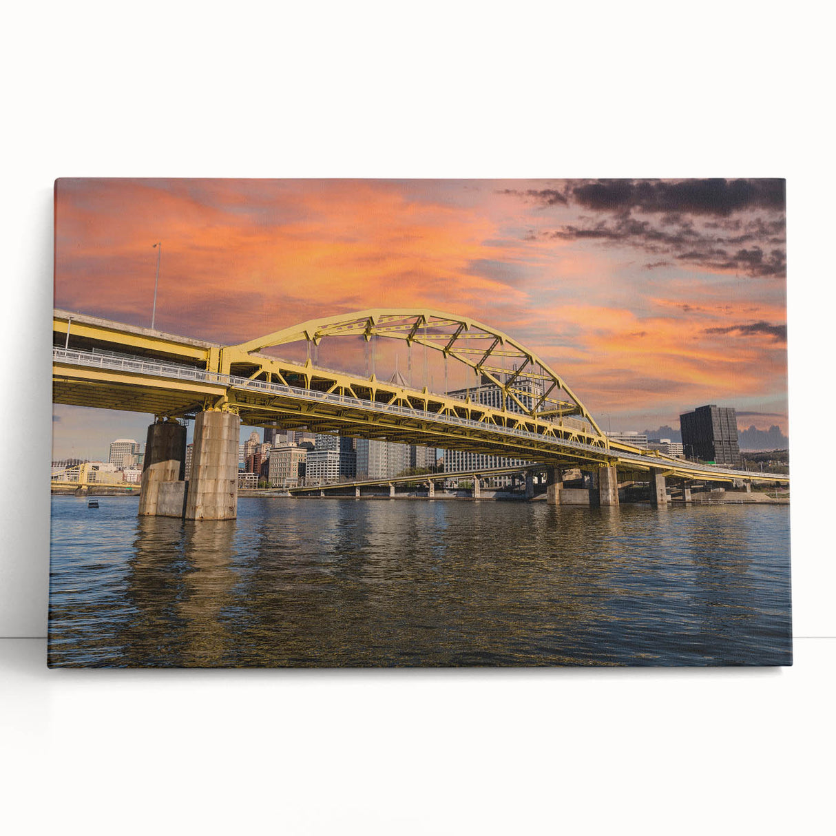 Black and white stretched canvas of Pittsburgh skyline, ideal for kitchen wall art or bedroom ambiance.