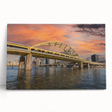 Black and white stretched canvas of Pittsburgh skyline, ideal for kitchen wall art or bedroom ambiance.