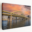 Abstract Pittsburgh skyline in muted blue and green tones on stretched canvas, suitable for kitchen wall art.