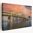 Abstract Pittsburgh skyline in muted blue and green tones on stretched canvas, suitable for kitchen wall art.
