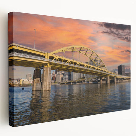 Abstract Pittsburgh skyline in muted blue and green tones on stretched canvas, suitable for kitchen wall art.