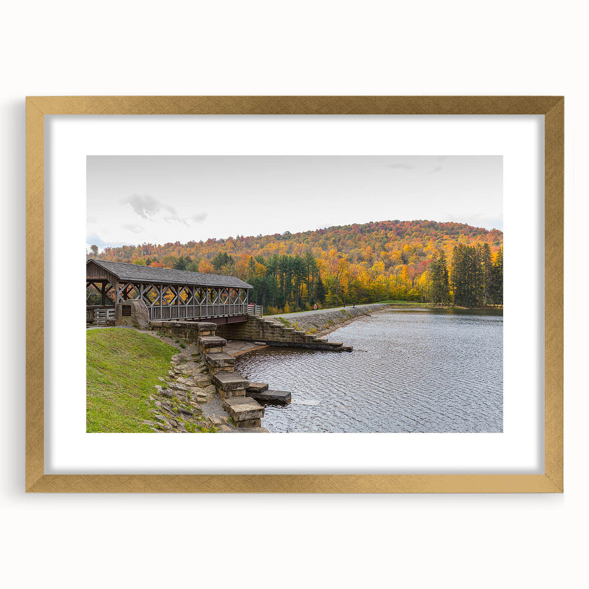 Extra large abstract art print of Pennsylvania scenery in muted earth tones, framed in gold, ideal for living room decor.