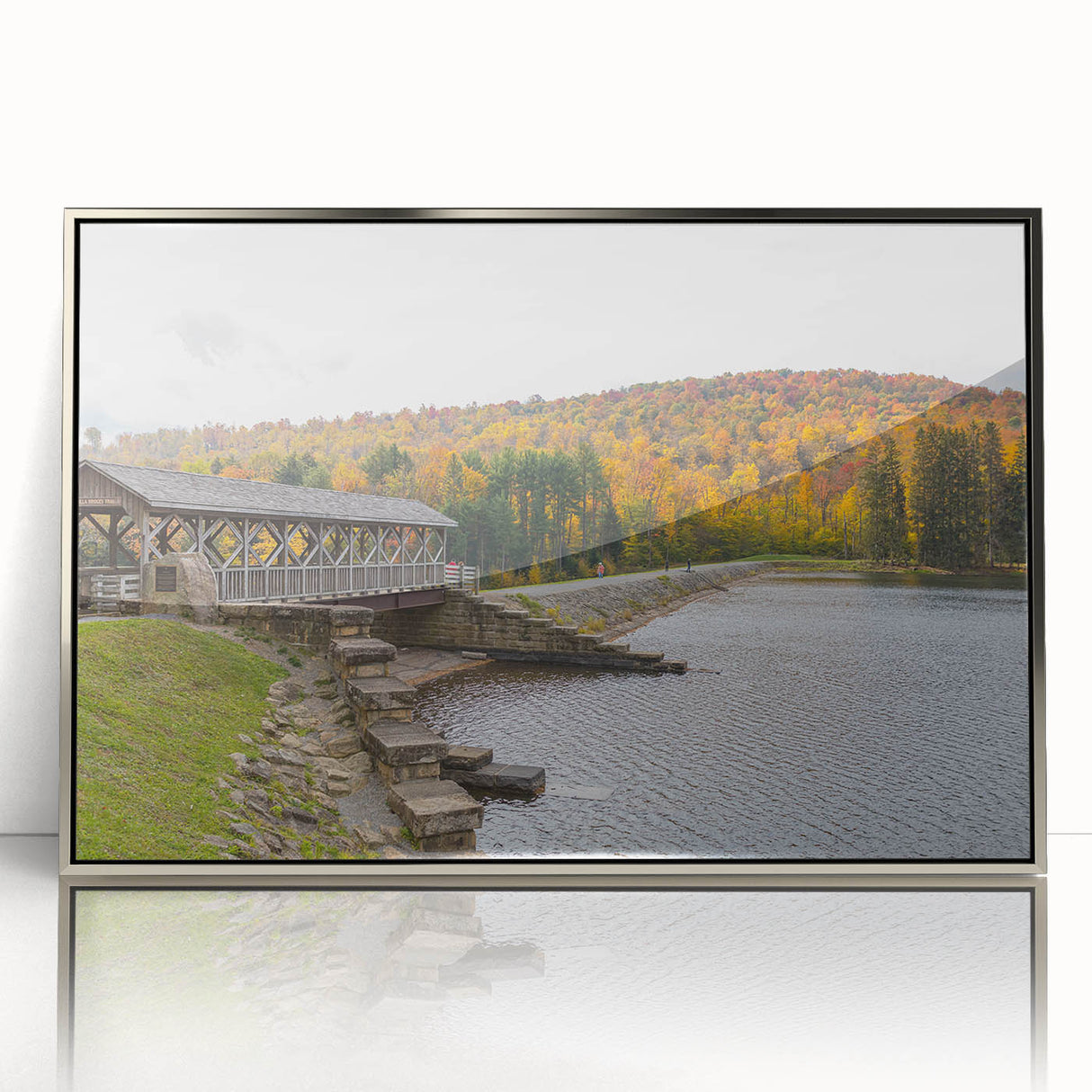 Mid-century modernist art depicting the Pennsylvania scenery in muted earth tones on a silver-framed acrylic print.
