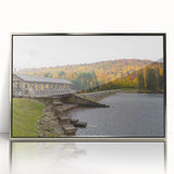 Mid-century modernist art depicting the Pennsylvania scenery in muted earth tones on a silver-framed acrylic print.