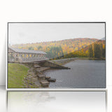 Art deco poster of Pennsylvania scenery in muted gray and blue tones, framed acrylic print.