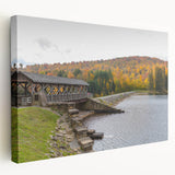 Side view of a stretched canvas featuring a scenic Pennsylvania landscape in earth tones, suitable for kitchen wall art.