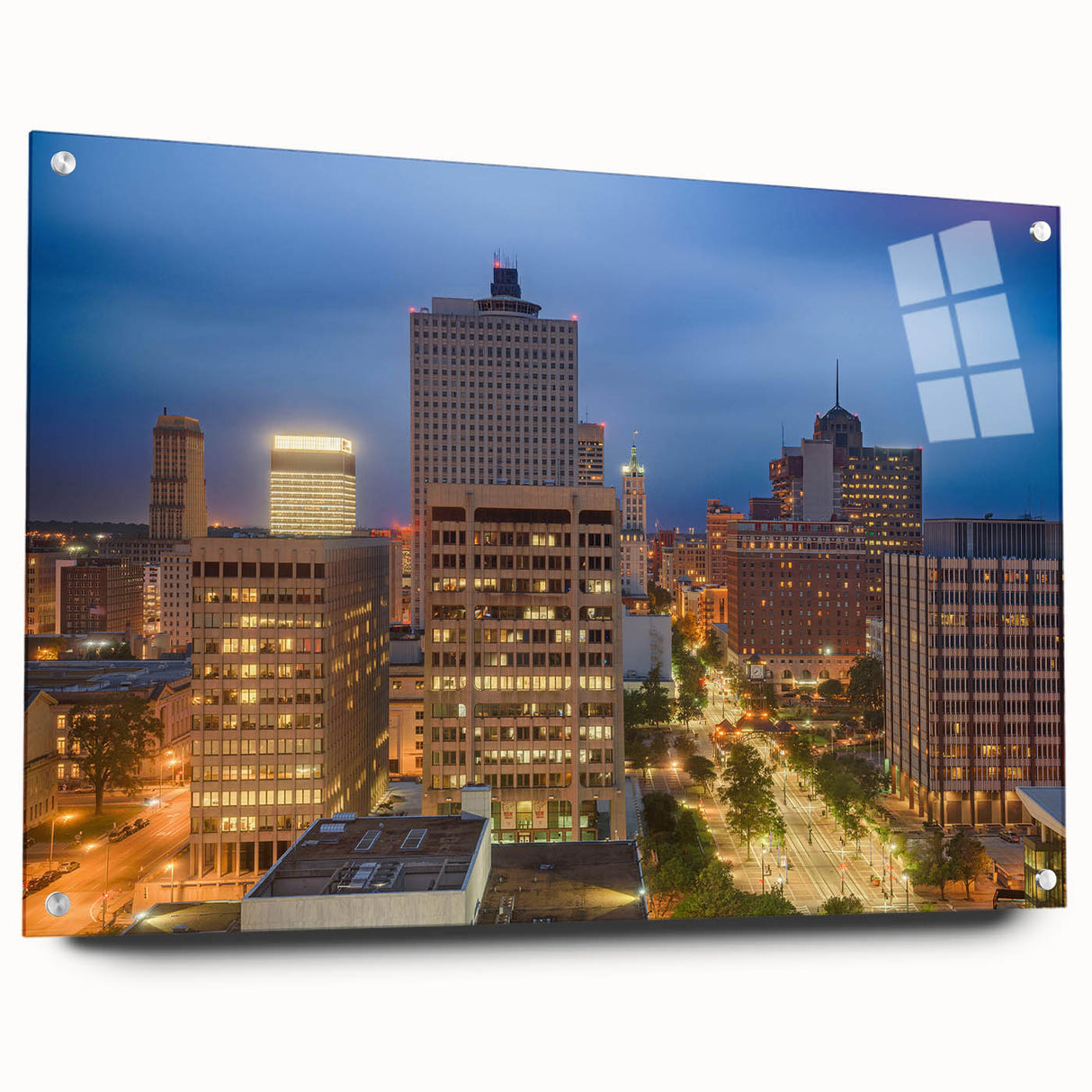 Acrylic print of Memphis skyline in muted blues and grays, suitable for bedroom or dining room wall art.
