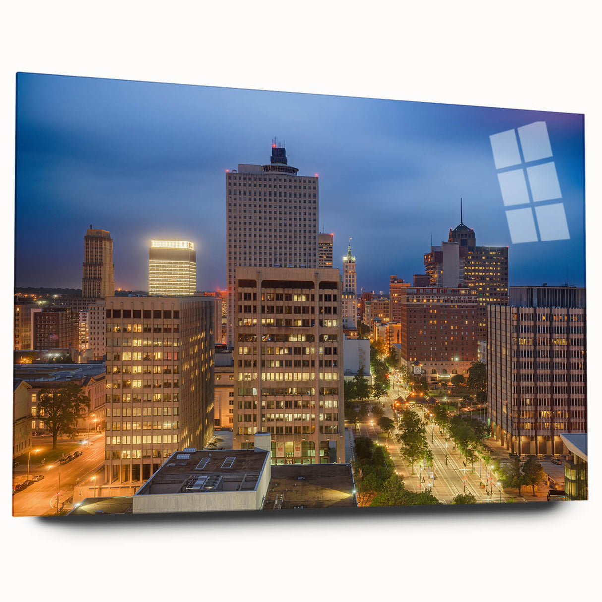 Large abstract wall art of Memphis scenery in muted blue and gray, acrylic print, ideal for bedroom or dining room decor.