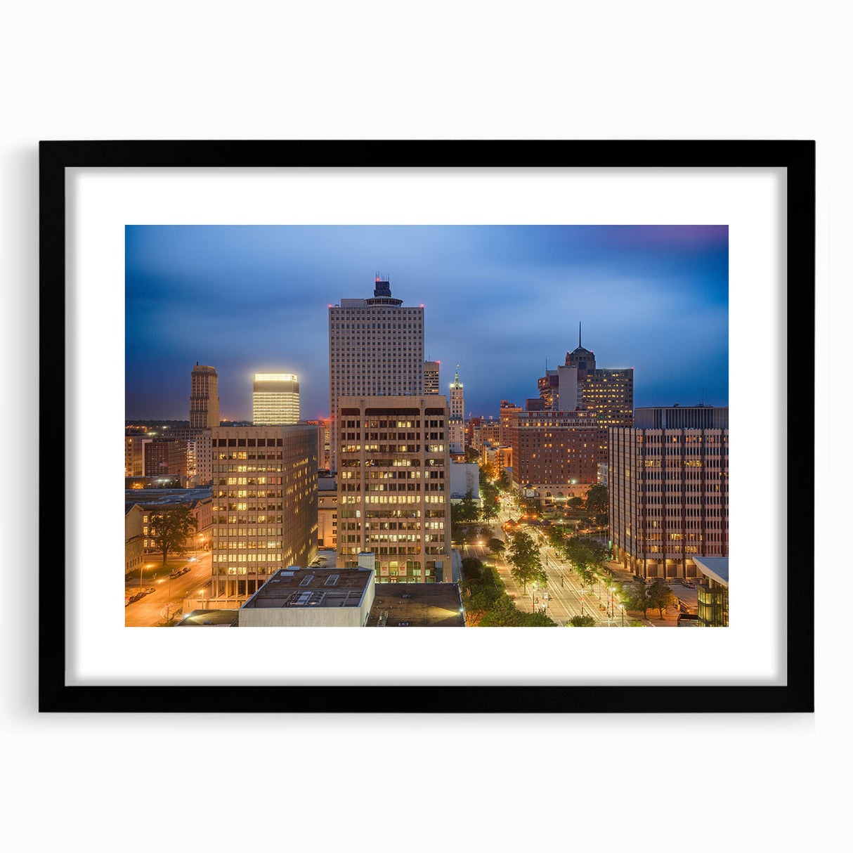 Extra large abstract art print of Memphis scenery in colorful, textured style on a black framed canvas.