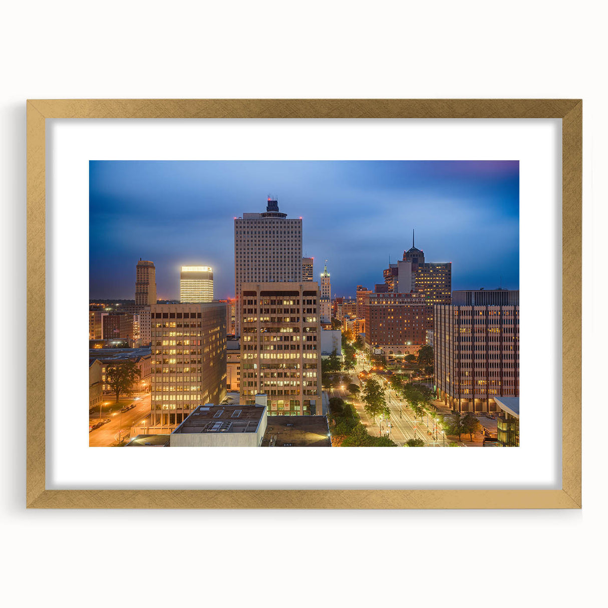 Extra large abstract art print of Memphis skyline in textured gold frame, ideal for living room decor.