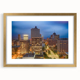 Extra large abstract art print of Memphis skyline in textured gold frame, ideal for living room decor.