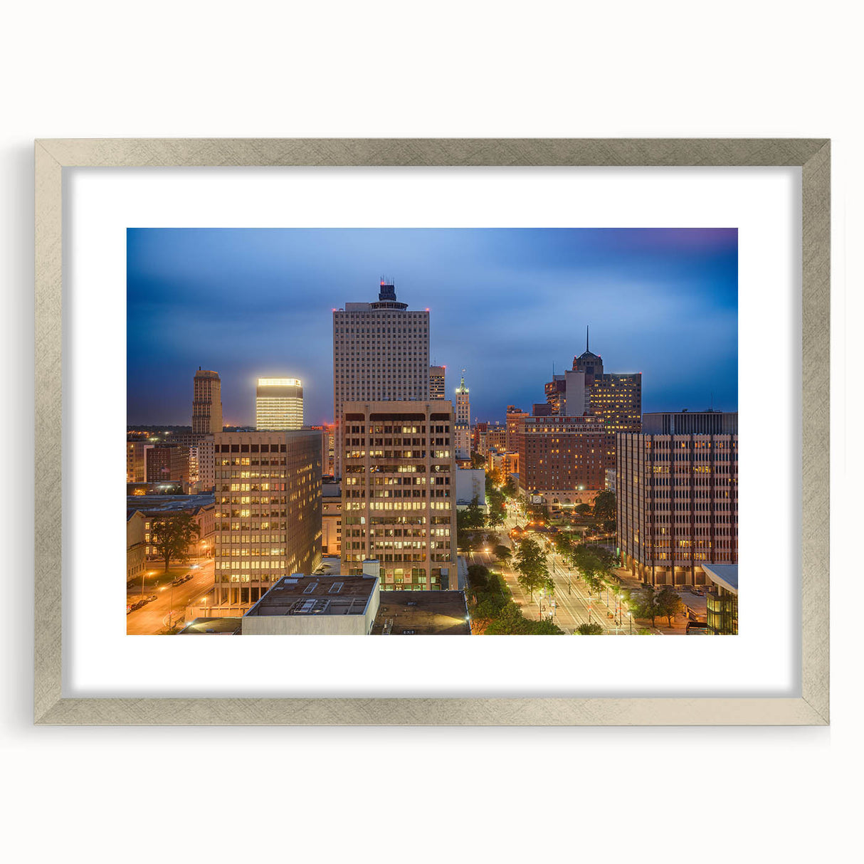 Textured abstract art print of Memphis skyline in muted earth tones on a framed canvas, suitable for bedroom decor.