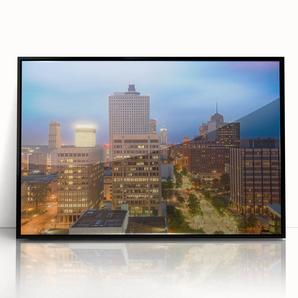 Large abstract wall art featuring Memphis, Tennessee skyline in muted gray tones on a black framed acrylic.