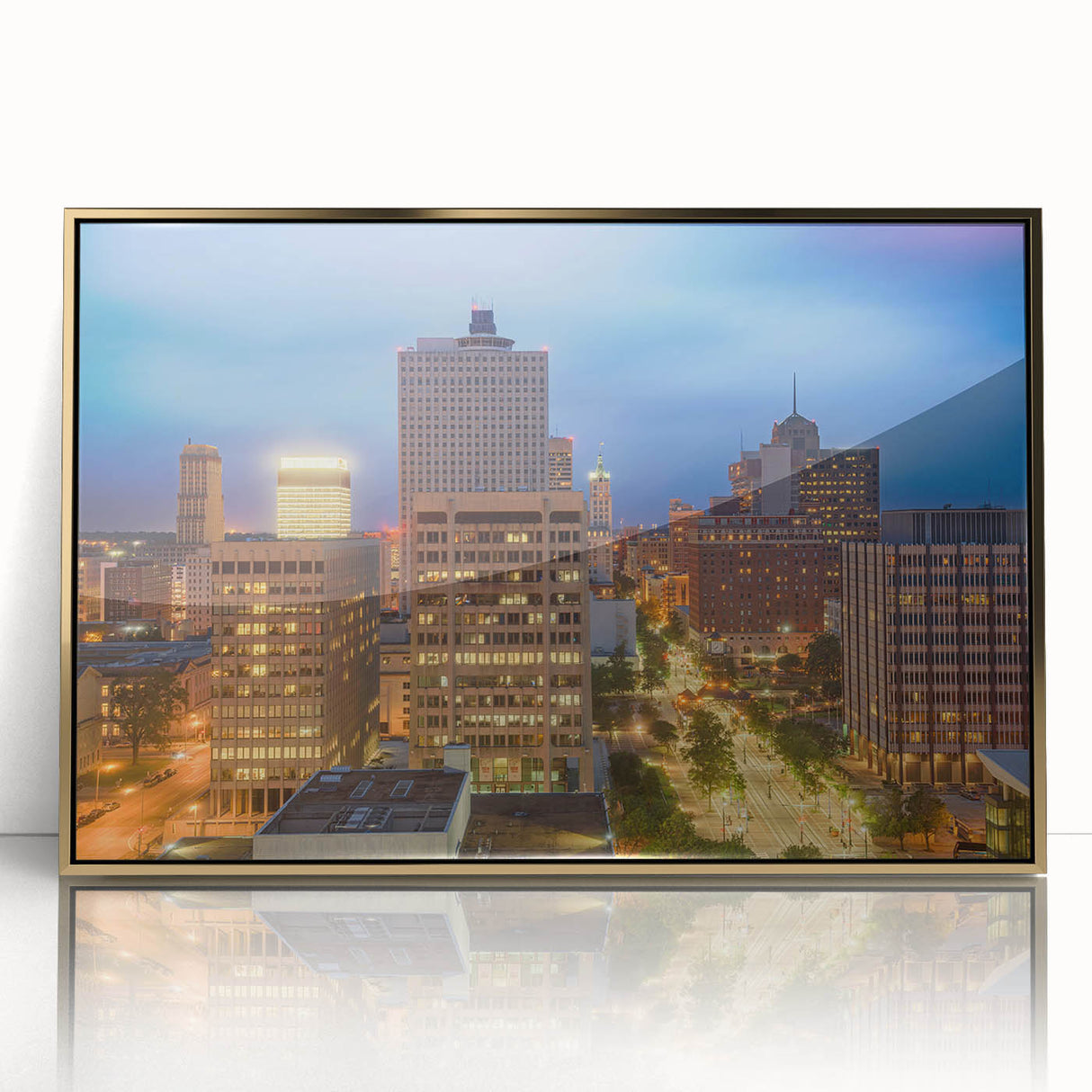 Mid-century modernist Memphis skyline in gold and teal hues, acrylic print framed, suitable for modern art wall decor.