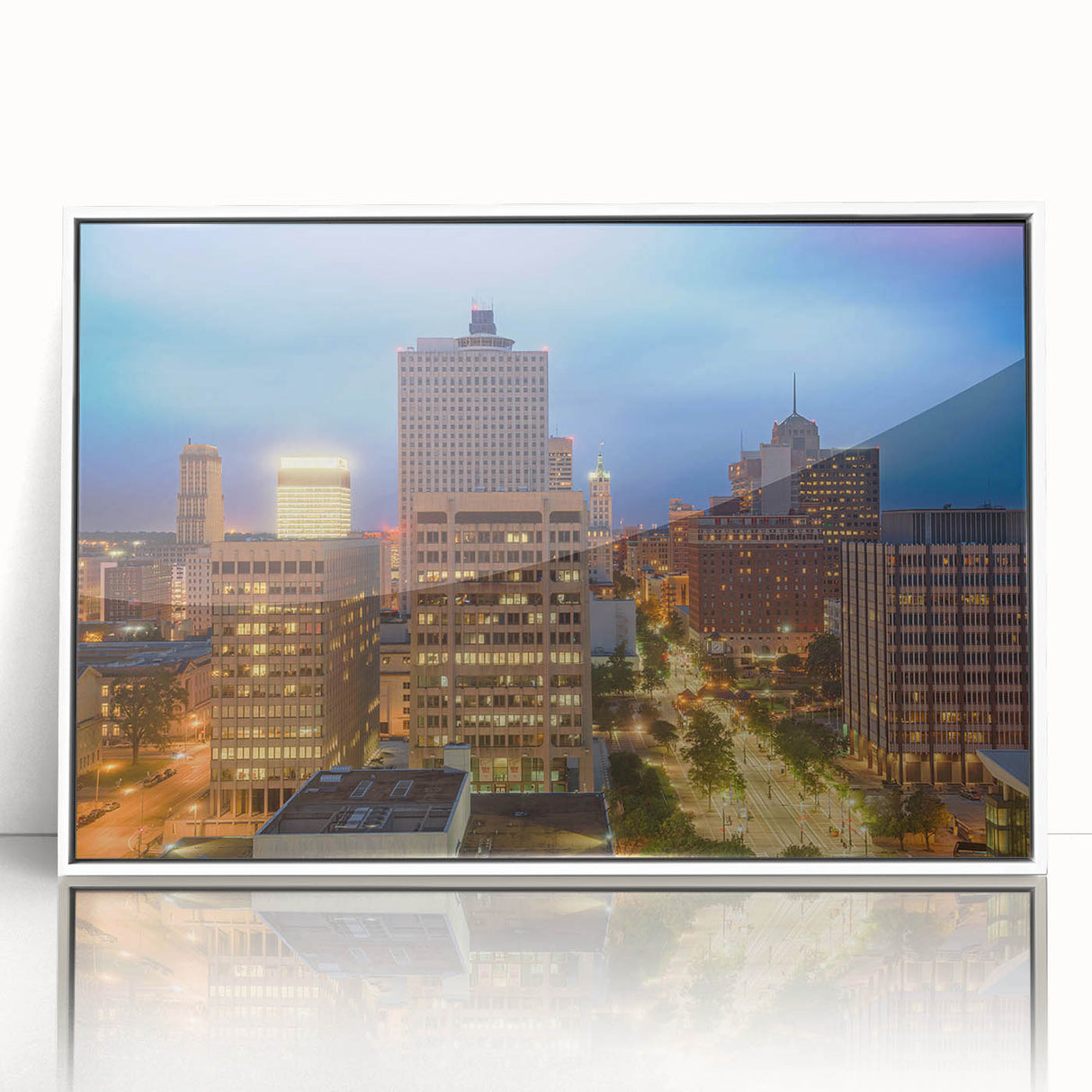 Art Deco style poster of Memphis skyline in muted blue tones on framed acrylic, suitable for modern nursery decor.