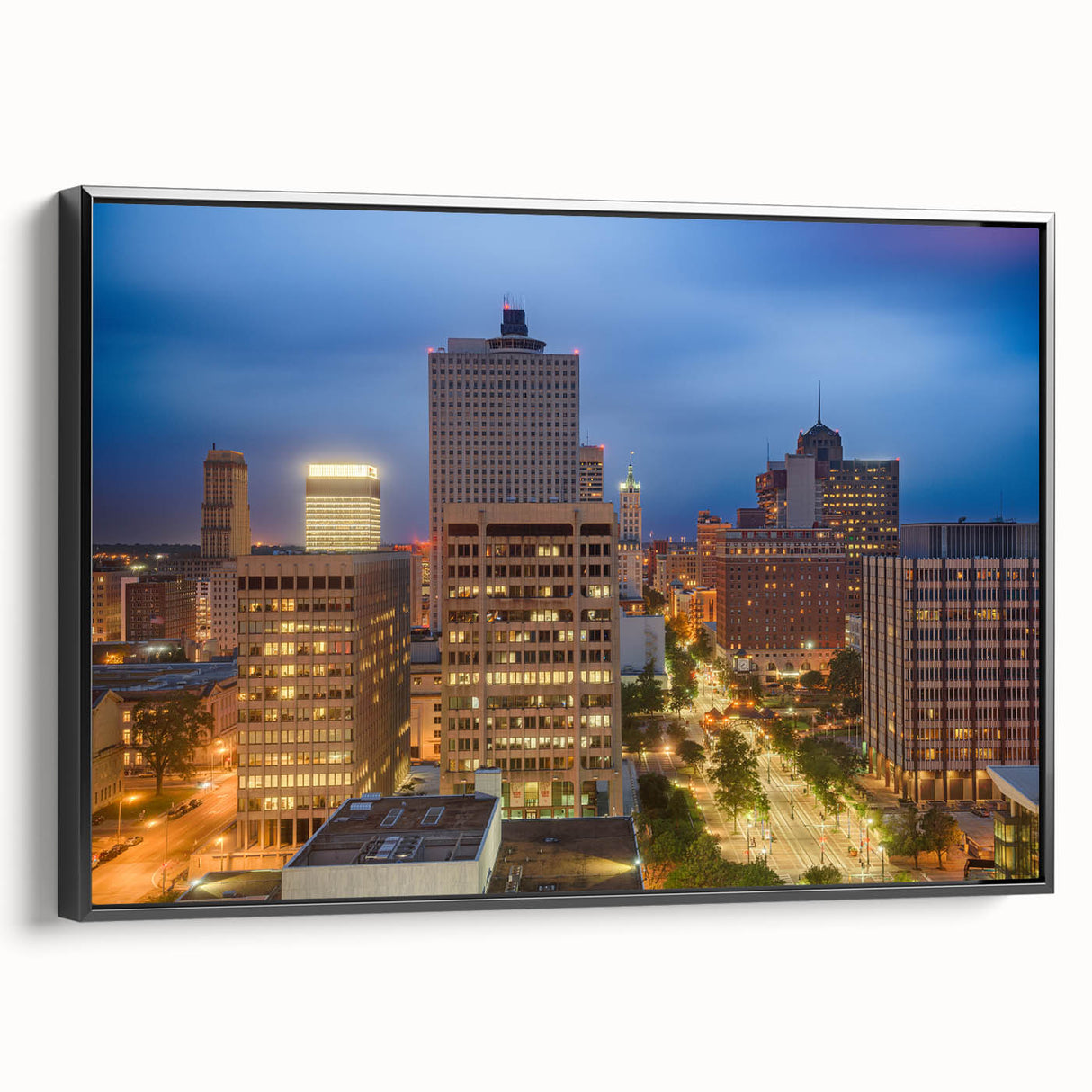 Black and white framed canvas of Memphis landscape in vintage poster style, ideal for bedroom wall art.