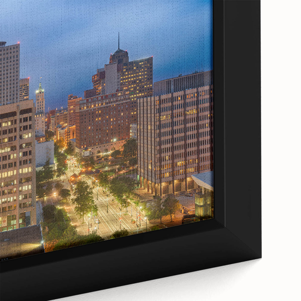Extra large framed canvas of a textured Memphis skyline in black with colorful accents, ideal for living room decor.