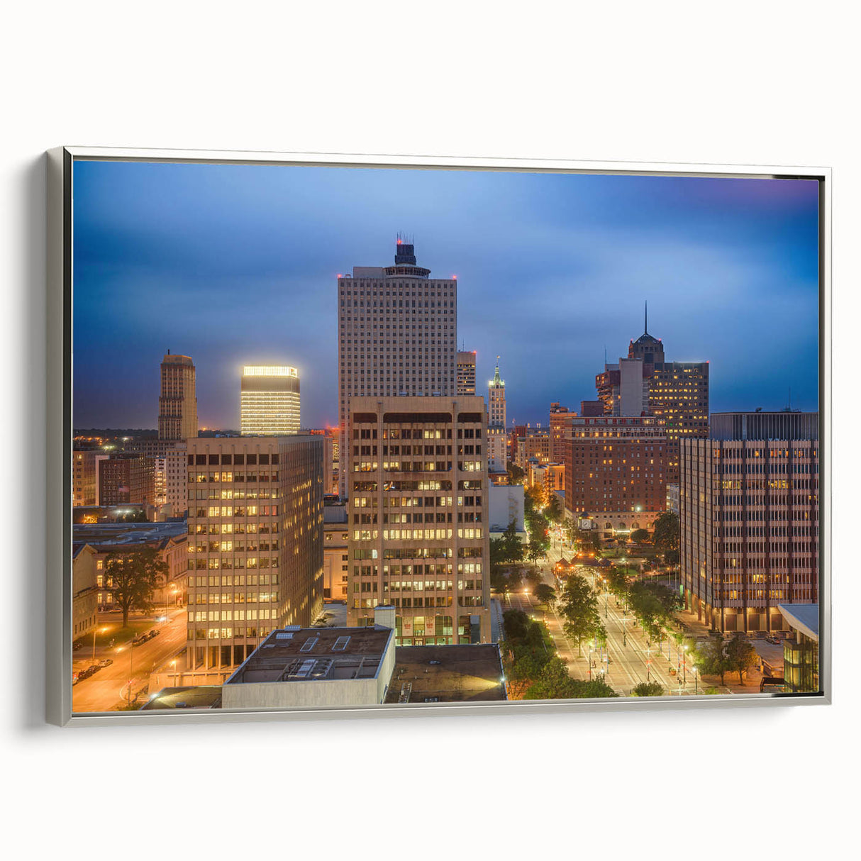 Framed canvas of a vintage-style Memphis landscape in muted colors, ideal for adding a retro touch to office spaces.