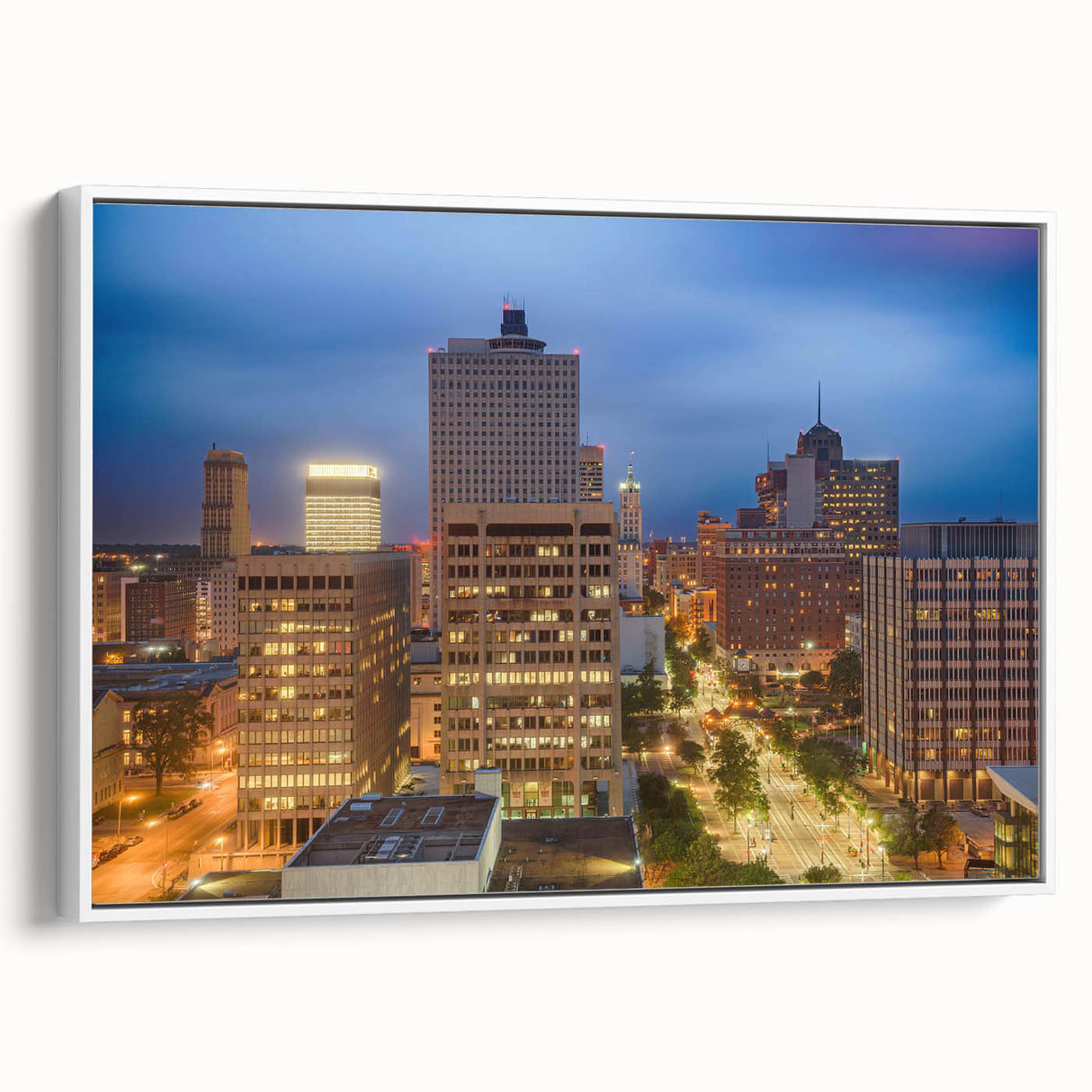 Vintage poster art of Memphis skyline in colorful tones on a large framed canvas, suitable for living room decor.