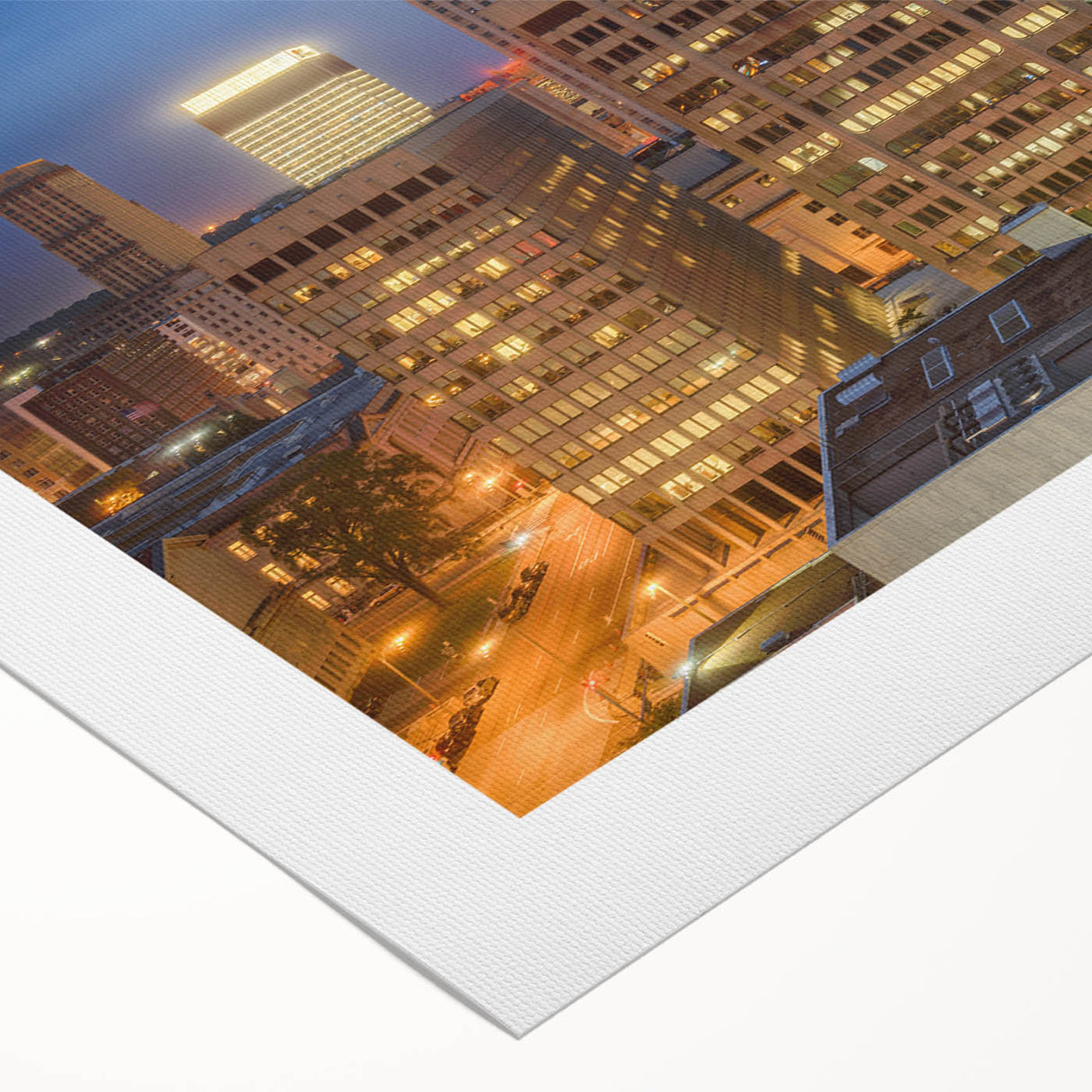 Art deco poster featuring the Memphis skyline in muted gold and blue tones on rolled canvas, suitable for dining room decor.