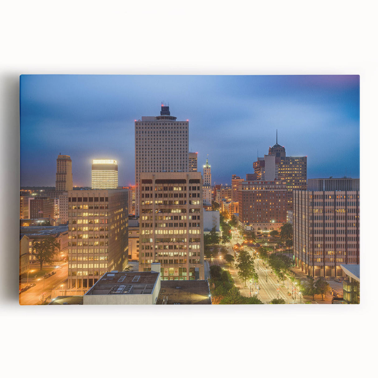 Black and white stretched canvas of Memphis, Tennessee skyline, ideal for kitchen wall art.