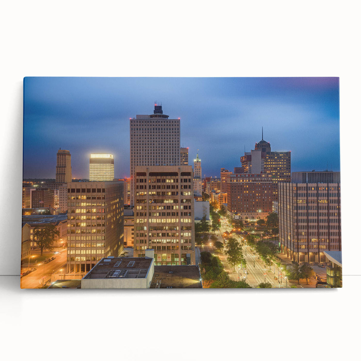 Black and white stretched canvas depicting the Memphis, Tennessee skyline, ideal for kitchen wall art.