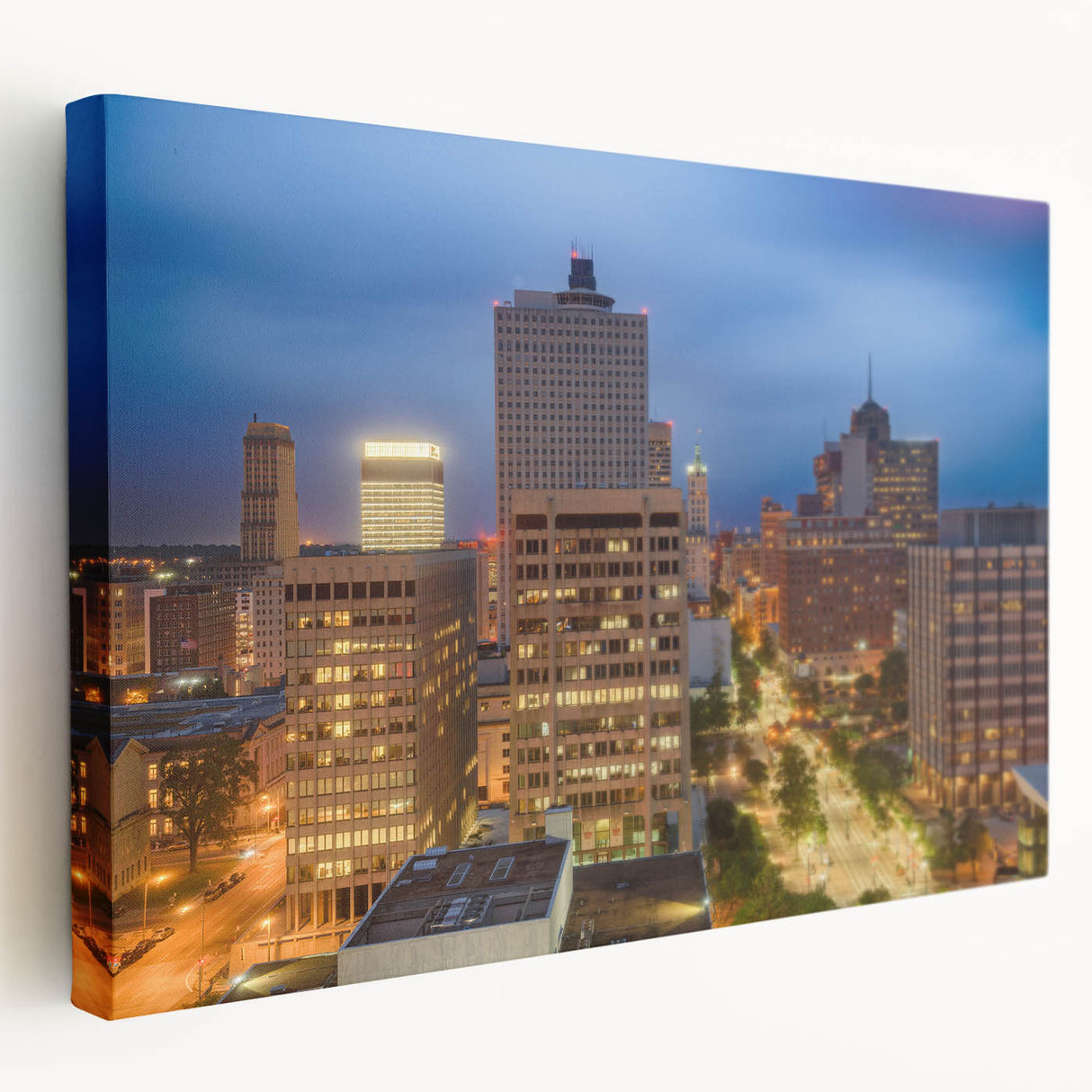 Large canvas print of Memphis skyline in muted earth tones, suitable for kitchen wall art.