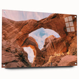 Acrylic print of Arches National Park in Utah, featuring earthy red and orange tones.