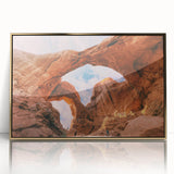 Framed acrylic print of Arches National Park in Utah, featuring mid-century modernist style with earthy tones.