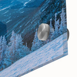 Large abstract wall art depicting Vermont scenery in muted green and blue tones on acrylic glass.