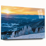 Acrylic print of a Vermont landscape with lush greenery and soft blue skies, suitable for dining room decor.