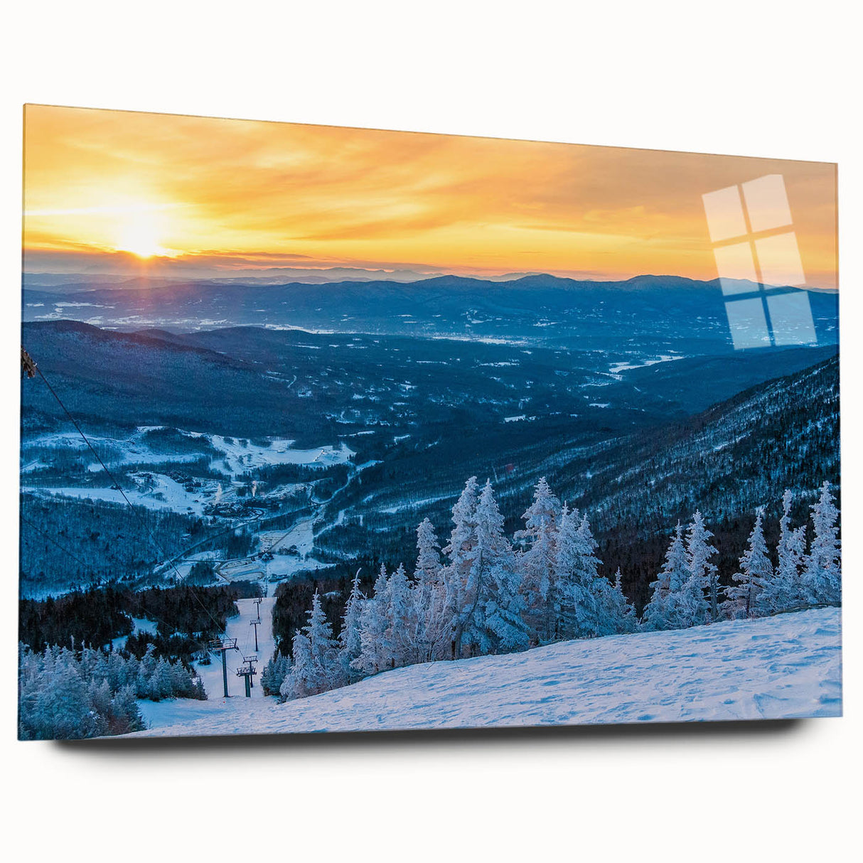 Large abstract art print of Vermont scenery in muted earth tones on acrylic glass, suitable for dining room ambiance.