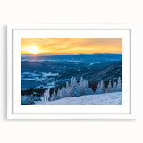 Abstract art print depicting a Vermont landscape in muted green and blue tones, framed with a white mat.