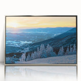 Mid-century modernist art depicting Vermont scenery in muted earth tones on a silver-framed acrylic print.