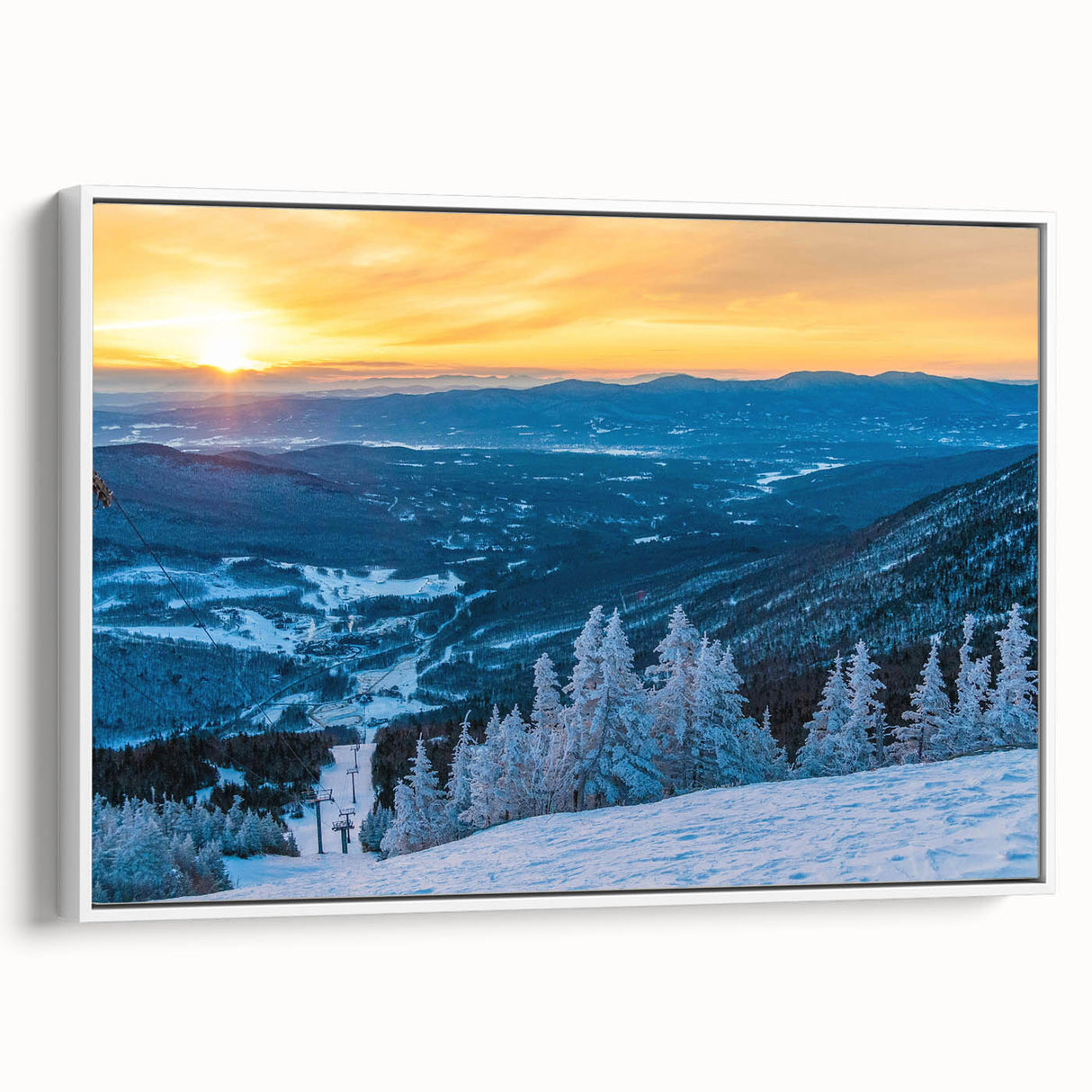 Vintage poster art of Vermont scenery in colorful hues on an extra large framed canvas, ideal for living room decor.