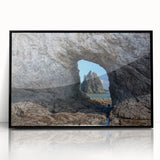 Large abstract wall art depicting the Olympic scenery in Washington, framed in black acrylic, in mid-century modernist style.