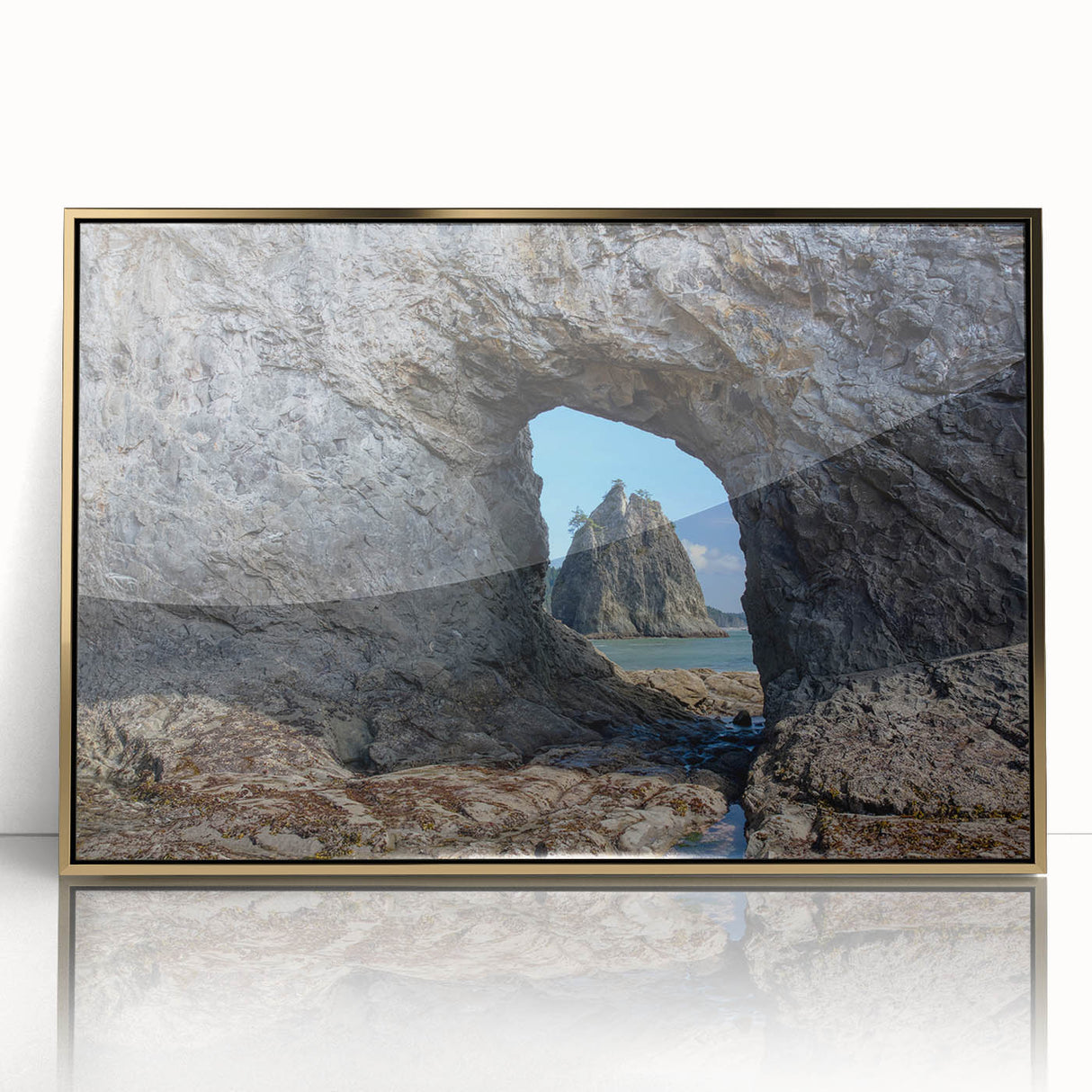 Large framed acrylic print of Olympic National Park with lush green and gold tones, ideal for modern art wall decor.