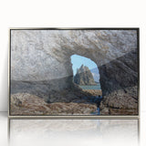 Mid-century modernist art depicting Olympic National Park, with muted earth tones on a silver-framed acrylic print.