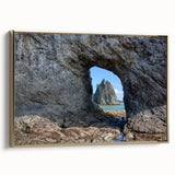 Framed canvas wall art depicting Olympic National Park in muted earth tones, ideal for bedroom decor.