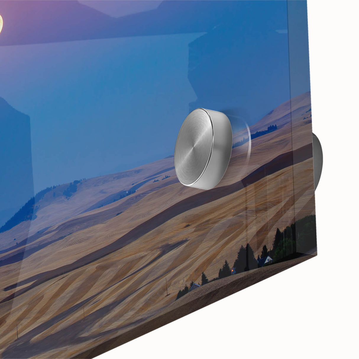 Large abstract wall art depicting the rolling hills of Palouse, USA in muted green and brown tones on acrylic glass.