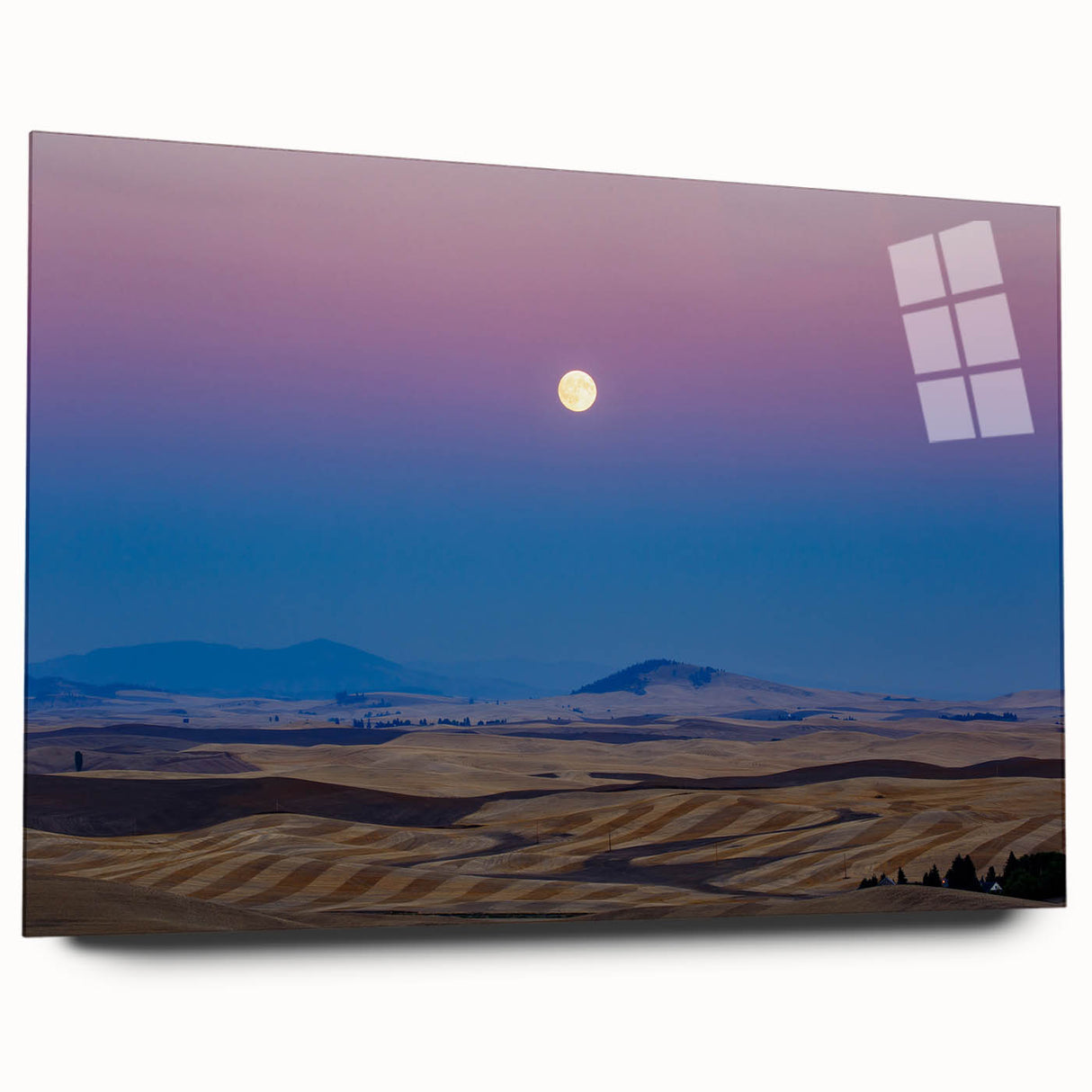 Large abstract wall art depicting the rolling hills of the Palouse in muted green and brown tones, printed on acrylic glass.