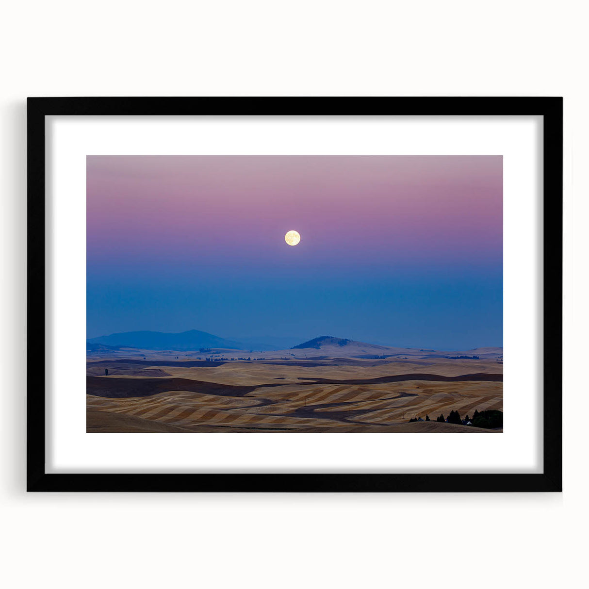 Extra large textured abstract art print of colorful Palouse scenery on a black framed canvas, ideal for living room decor.