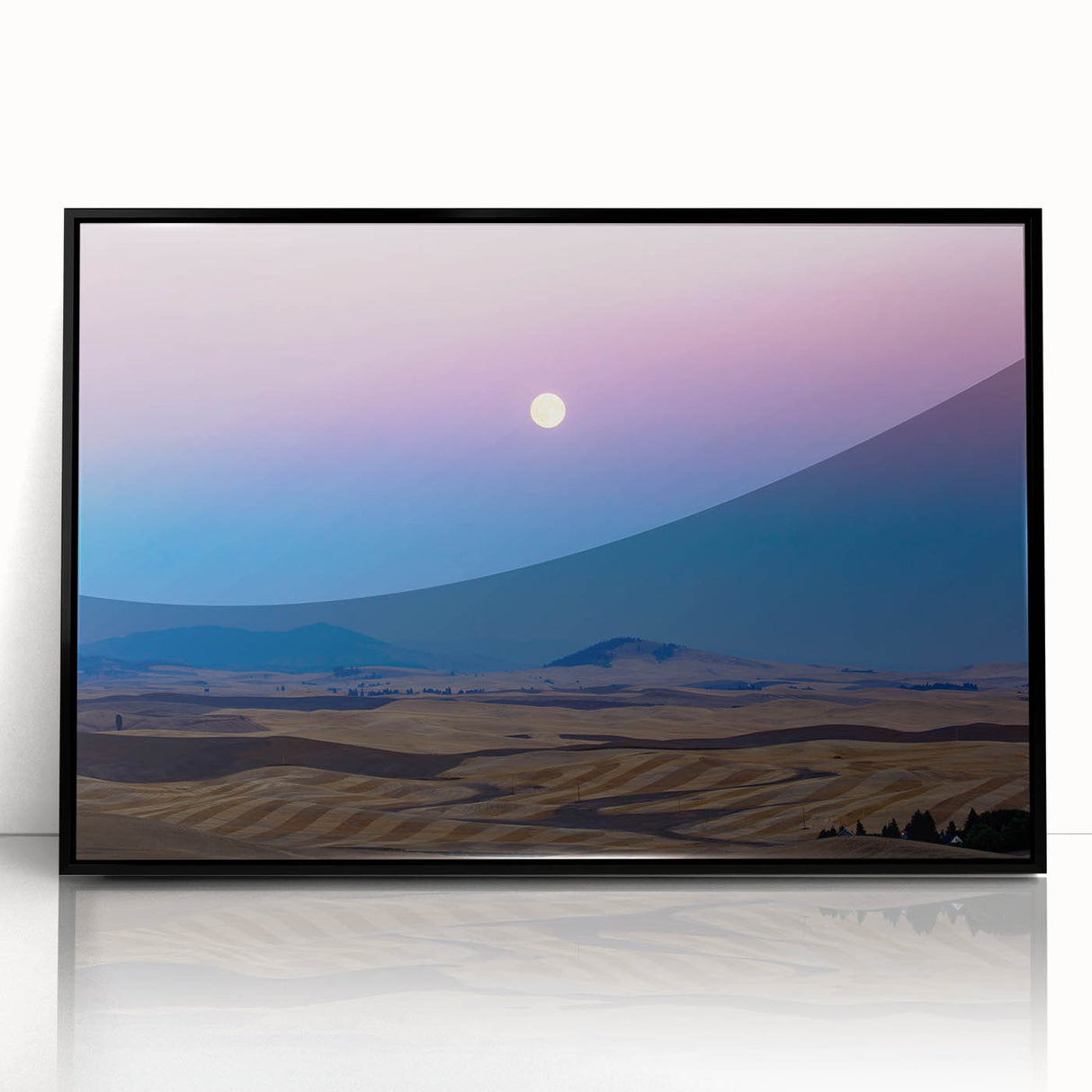 Large abstract wall art depicting the rolling hills of Palouse, USA, in muted earth tones on a framed acrylic.