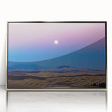 Mid-century modernist art depicting the Palouse region in muted earth tones on a framed acrylic print.