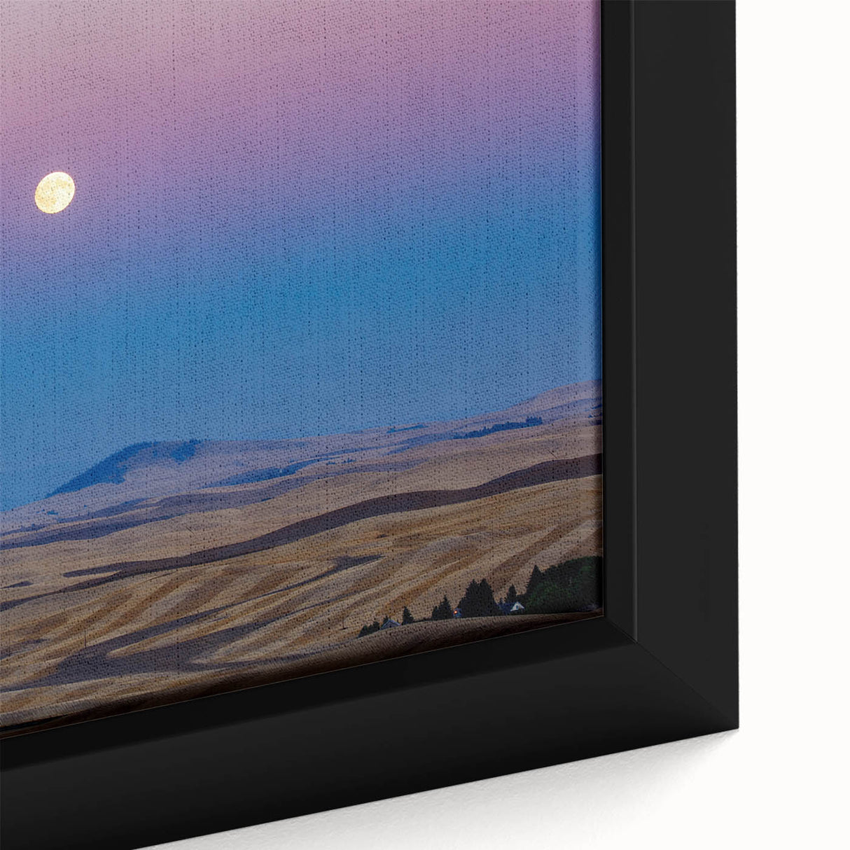Extra large black wall art depicting the textured Palouse scenery on a framed canvas, with vibrant colors.