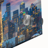 Large abstract wall art featuring Seattle skyline in muted blue and green tones, acrylic print, ideal for dining room art.