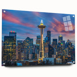 Acrylic print of Seattle skyline in muted blue tones, suitable for bedroom or dining room decor.