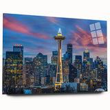 Large abstract wall art of Seattle skyline in muted gray and blue tones on acrylic glass.