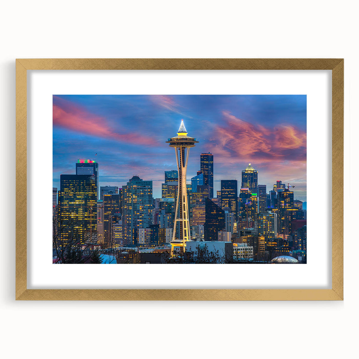 Extra large abstract art print of Seattle skyline in textured gold frame, ideal for living room decor.